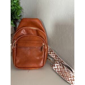 Bohemian-style FauxLeather Sling bag Cognac 10" Geometric pattern Guitar Strap